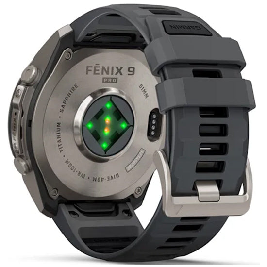 Garmin Fenix 9 Pro 51mm AMOLED Sapphire, Titanium with Graphite/Black Silicone Band Back Side