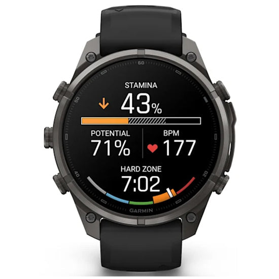 Garmin Fenix 9 Pro 51mm inReach LTE AMOLED Sapphire, Carbon Grey DLC Titanium with Black/Pebble Grey Silicone Band Front
