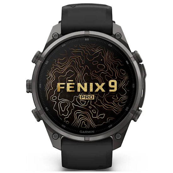 Garmin Fenix 9 Pro 51mm inReach LTE AMOLED Sapphire, Carbon Grey DLC Titanium with Black/Pebble Grey Silicone Band Front