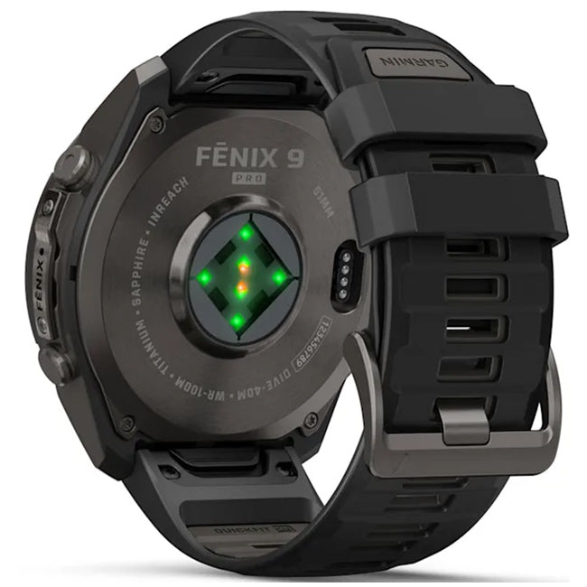 Garmin Fenix 9 Pro 51mm inReach LTE AMOLED Sapphire, Carbon Grey DLC Titanium with Black/Pebble Grey Silicone Band Back Side