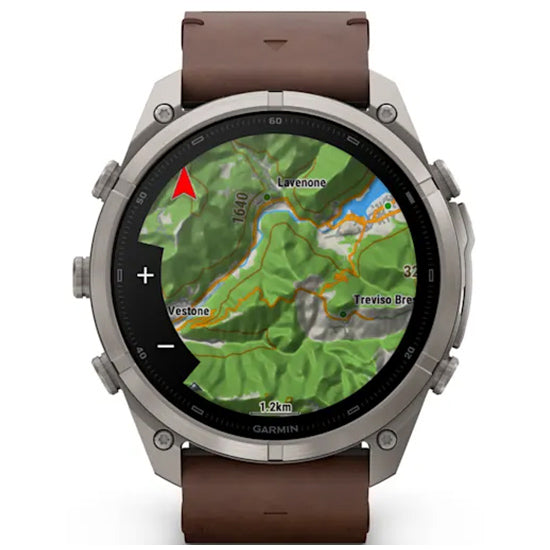 Garmin Fenix 9 Pro 51mm inReach LTE AMOLED Sapphire, Titanium with Walnut Leather Band Front