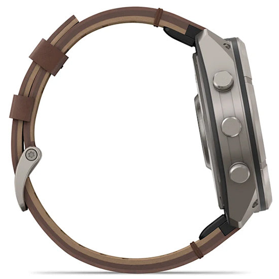 Garmin Fenix 9 Pro 51mm inReach LTE AMOLED Sapphire, Titanium with Walnut Leather Band Side