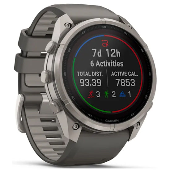 Garmin Fenix 9 Pro 51mm inReach LTE Solar Sapphire, Titanium with Pebble Grey Silicone Band Front Side