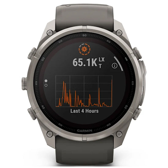 Garmin Fenix 9 Pro 51mm inReach LTE Solar Sapphire, Titanium with Pebble Grey Silicone Band Side