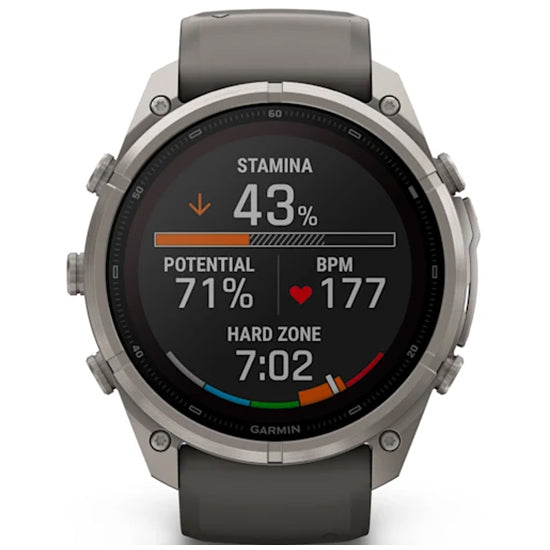Garmin Fenix 9 Pro 51mm inReach LTE Solar Sapphire, Titanium with Pebble Grey Silicone Band Side