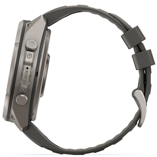 Garmin Fenix 9 Pro 51mm inReach LTE Solar Sapphire, Titanium with Pebble Grey Silicone Band Side