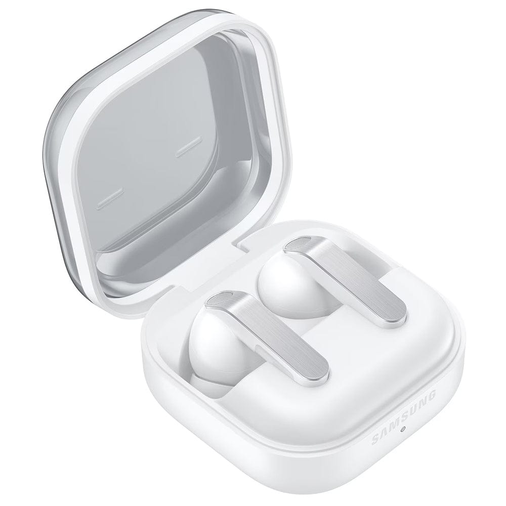 Samsung Galaxy Buds4 Pro (R640) true wireless earbuds featuring a premium ergonomic design, active noise cancellation (ANC), high-fidelity audio, intelligent AI-powered sound optimization, crystal-clear call quality, Bluetooth connectivity, long battery life, and a compact wireless charging case.
